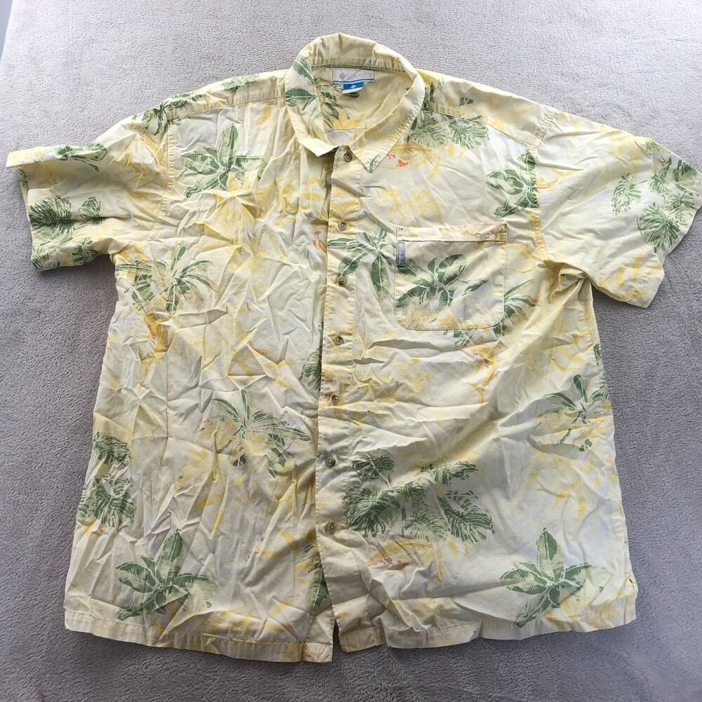 Columbia Mens Hawaiian Shirt XXL Short Sleeve Yellow Tropical Button Up Casual - Picture 9 of 10